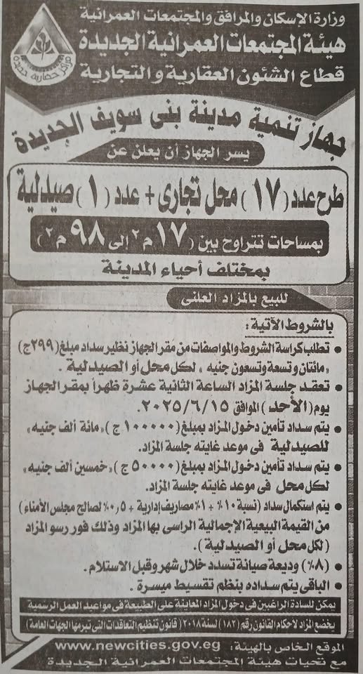 طرح ١٧ محلا تجاريا وصيدلية للبيع بالمزاد العلني في بني سويف الجديدة 